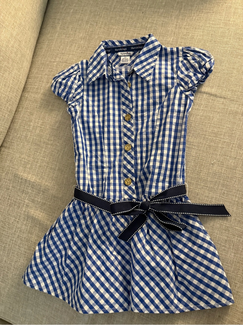 Hartstrings Blue and White Gingham Button-Front Dress with Navy Bow Belt